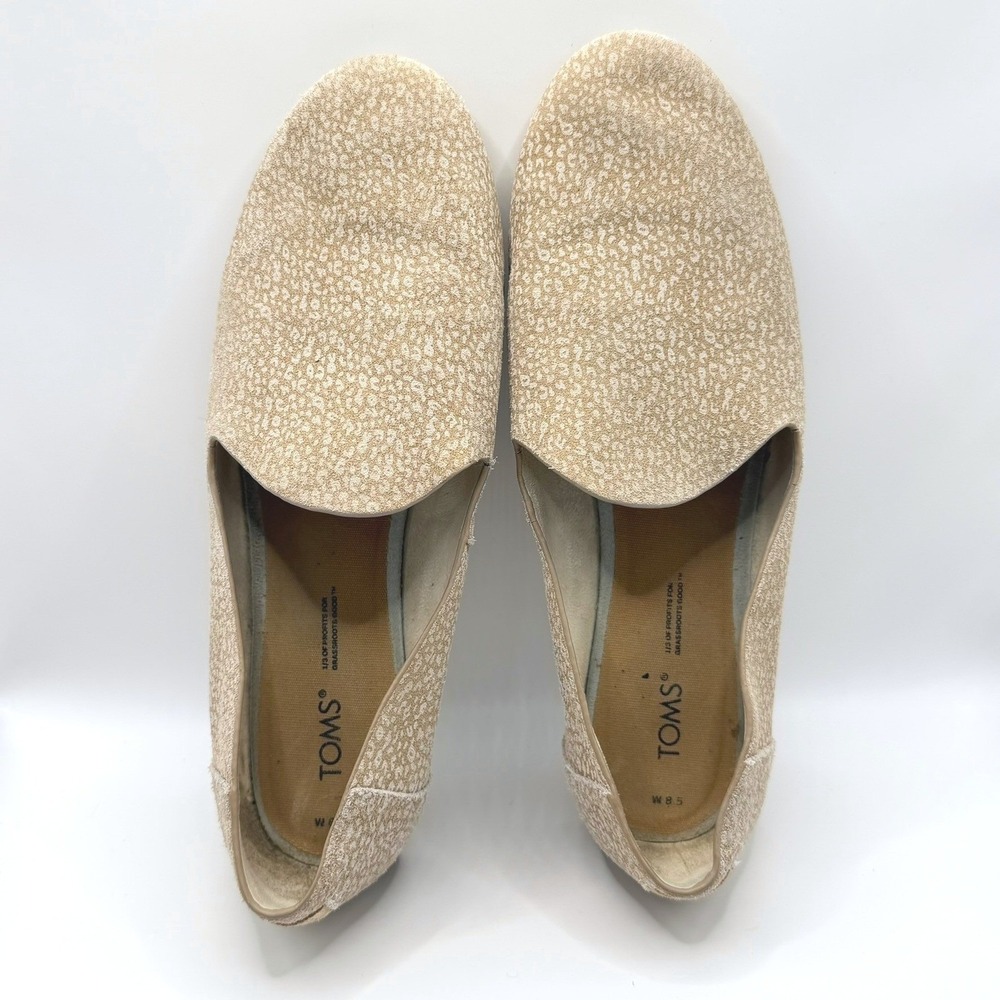 TOMS Jutti Flats Womens 8.5 Tan Cream Leopard Print Suede Slip On Loafers